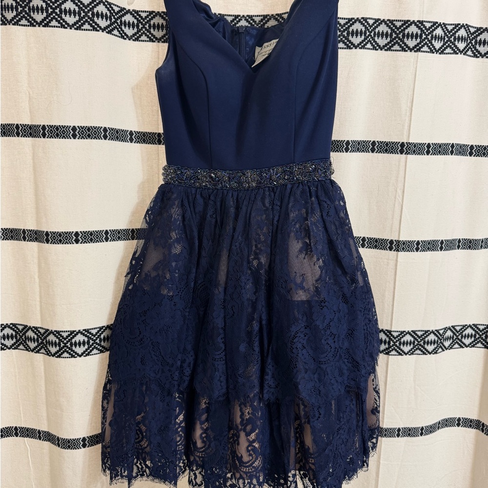 Sherri Hill Navy Lace Fit & Flare Dress